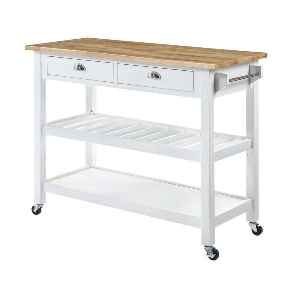Transitional Butcher Block Kitchen Cart with Wine Storage - White & Natural