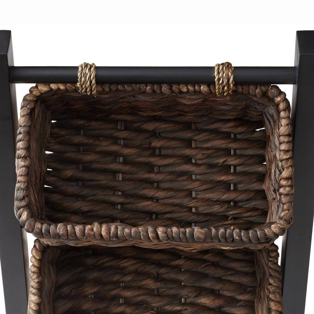Acacia Wood 3-Tier Black and Espresso Storage Rack with Hyacinth Baskets