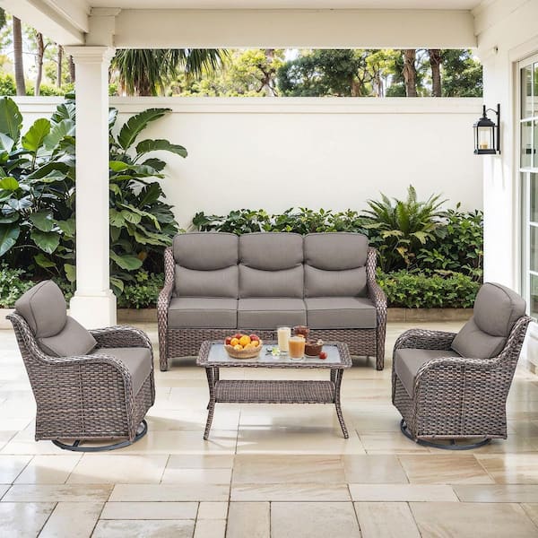 JHXL Brown 4-Piece Patio Conversation Set Outdoor Sofa Set Swivel Glider Chair With 6 in. Gray Cushions