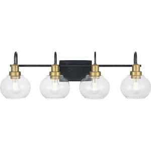 Halyn 31.375 in. 4-Light Matte Black with Vintage Brass Bathroom Vanity Light Accents and Clear Glass Shades