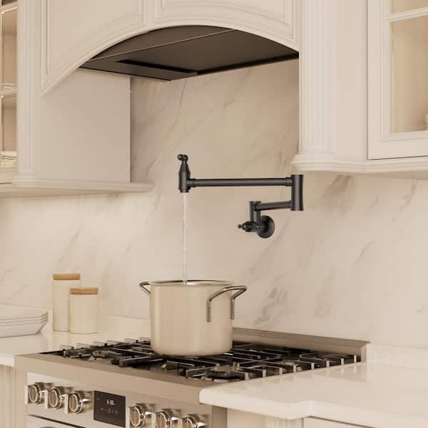 Wall Mount Retractable 360° Swivel Pot Filler Kitchen Faucet Dual Handle 1.8 GPM in Matte Black