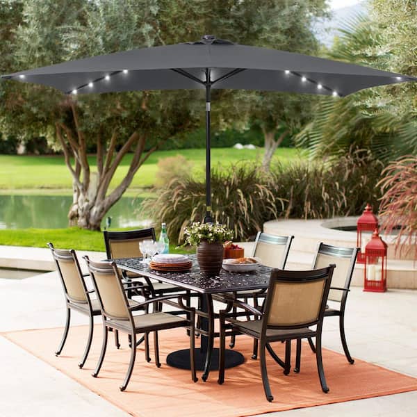 Sonkuki 10 ft. x 6.5 ft. Rectangle Solar LED Outdoor Patio Market Table Umbrella with Push Button Tilt and Crank in Anthracite
