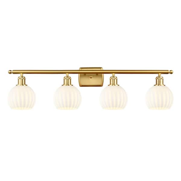 White Venetian 36 in. 4-Light Satin Gold Vanity Light with Glass Shade