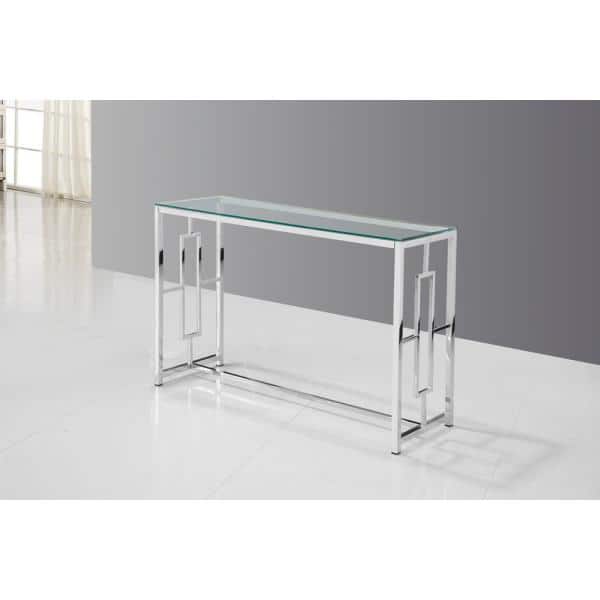 Silver Stainless Steel and Glass Console Table with Clear Top