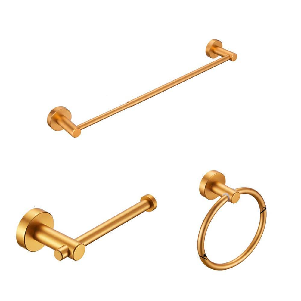 3-Piece Adjustable Thicken Space Aluminum Bath Hardware Set in Brushed Gold