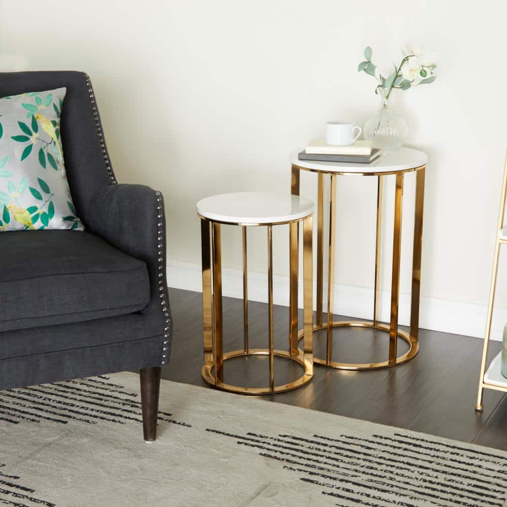 16 in. Gold Large Round Marble End Accent Table with Marble Top (2- Pieces) price history on PriceWatchPro