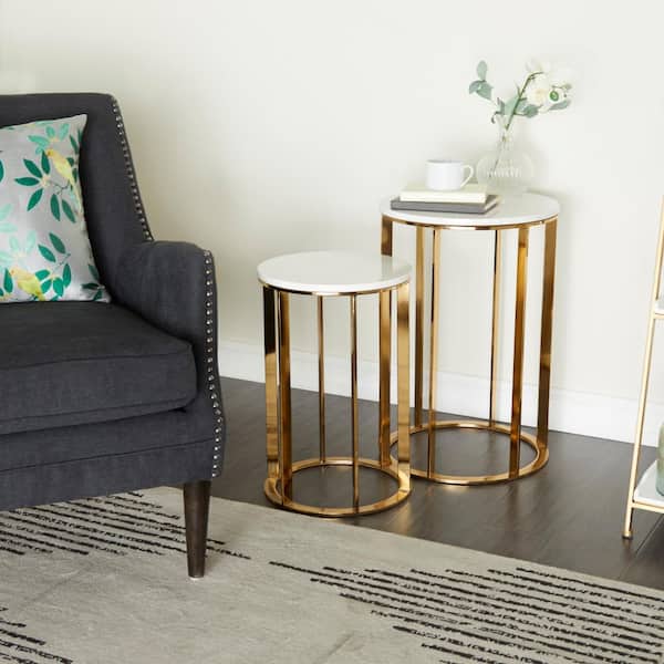 Litton Lane 16 in. Gold Large Round Marble End Accent Table with Marble Top (2- Pieces)