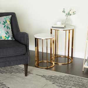 16 in. Gold Large Round Marble End Accent Table with Marble Top (2- Pieces)