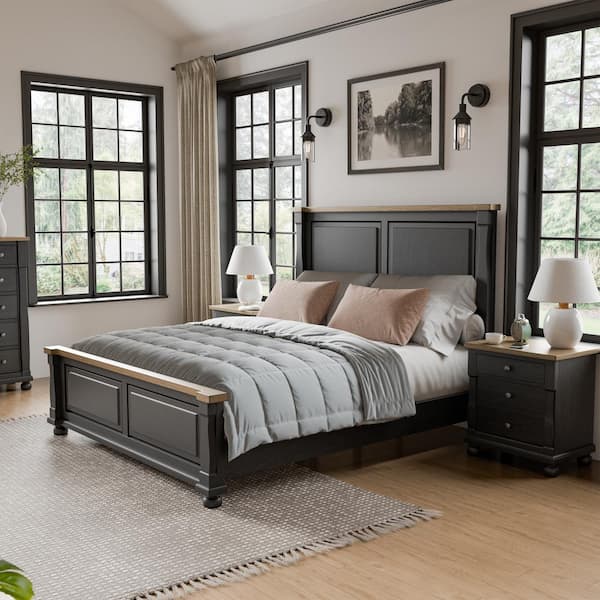 Windcrest 3-Piece Farmhouse Black Wood King Bedroom Set With 2 Nightstands