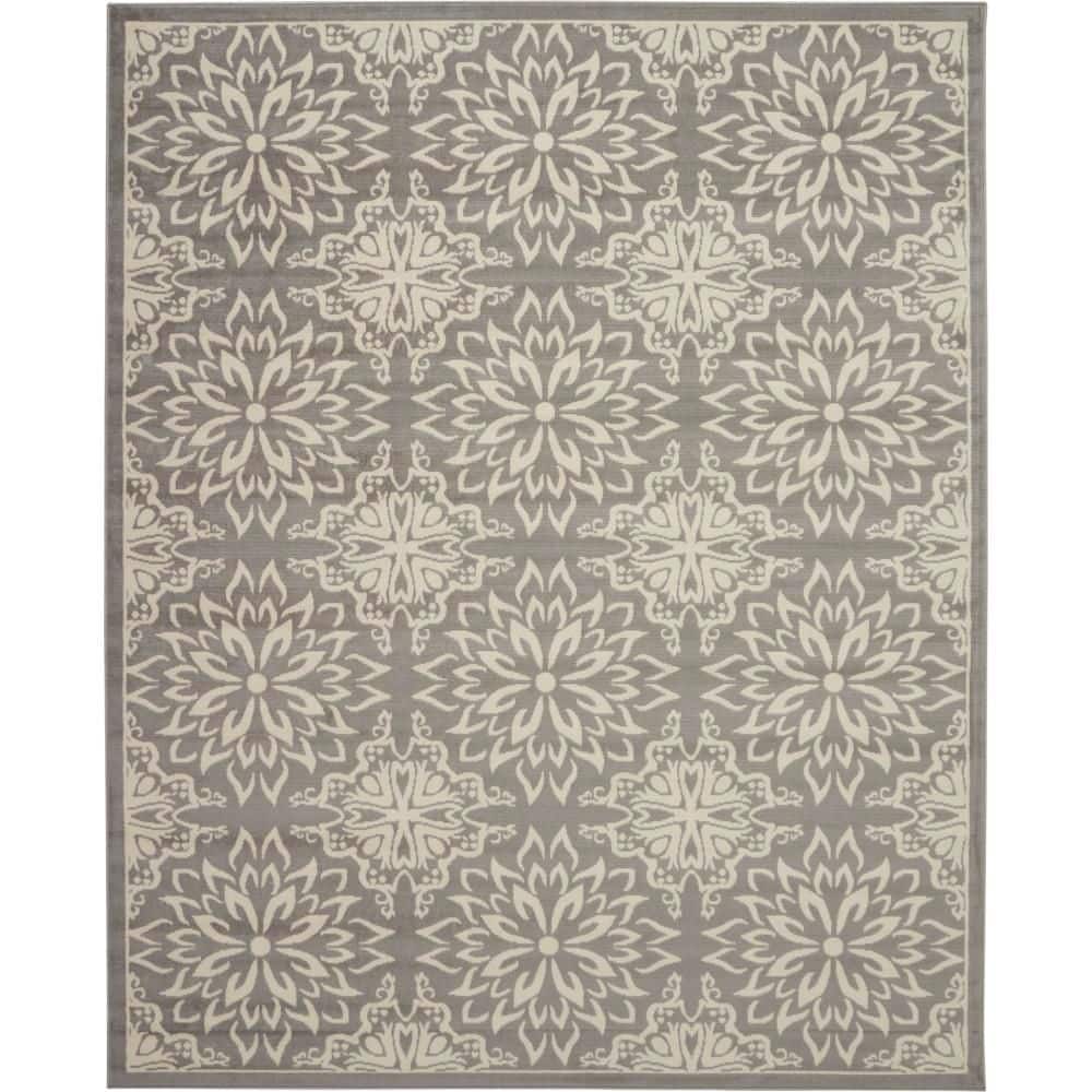 Ivory and Grey Floral Synthetic 7' x 10' Area Rug