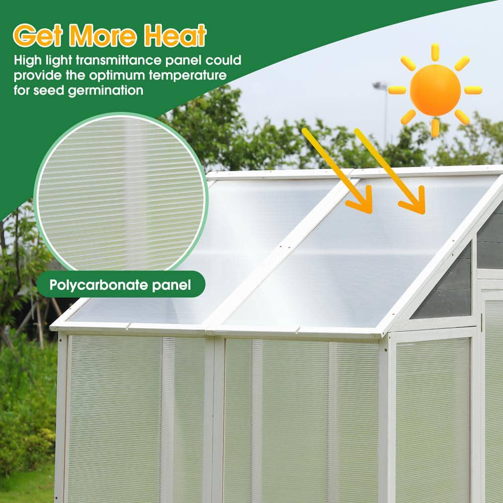 White and Gray Polycarbonate Walk-In Greenhouse with Pine Wood Frame