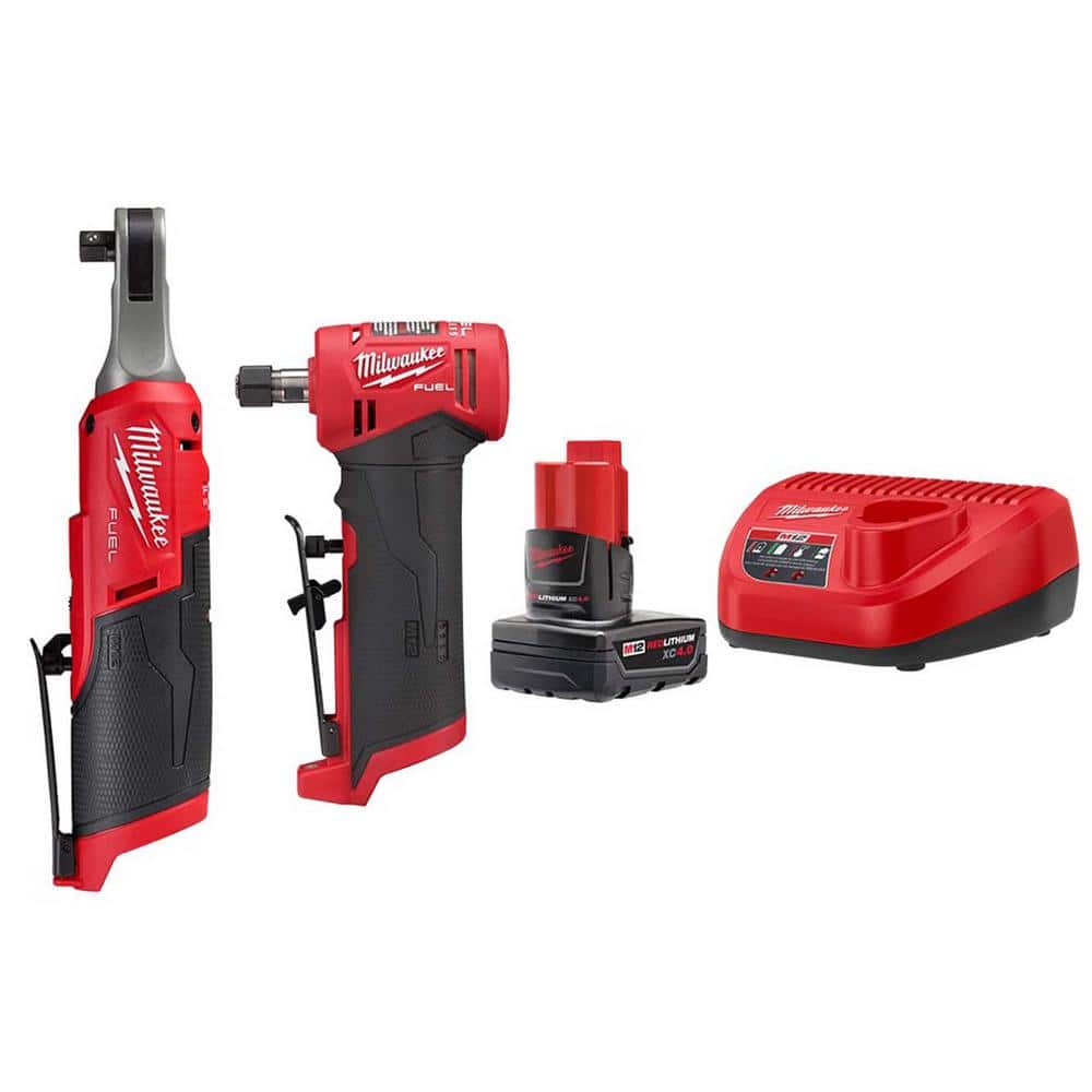 Milwaukee M12 FUEL 12-Volt Lithium-Ion Brushless Cordless 3/8 in. Ratchet and M12 FUEL 1/4 in. Die Grinder with Battery & Charger -  2440-2567-2485