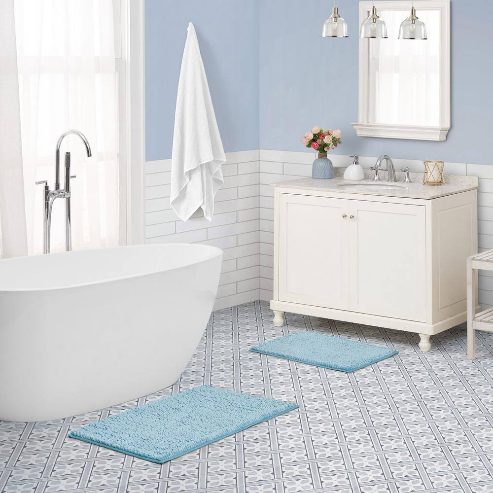 Aqua Blue Chenille Non-Slip 2-Piece Bath Rug Set