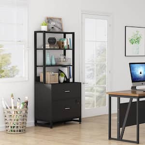 Calvin Black Lateral Particle Board File Cabinet Printer Stand with 4 Shelves and 2 Drawers