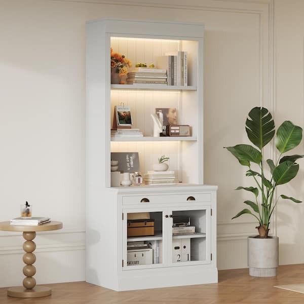 83.4 in. Tall White Wood 3-Shelf Standard Bookcase with LED Lighting, 2 Glass Doors and 1 Drawer