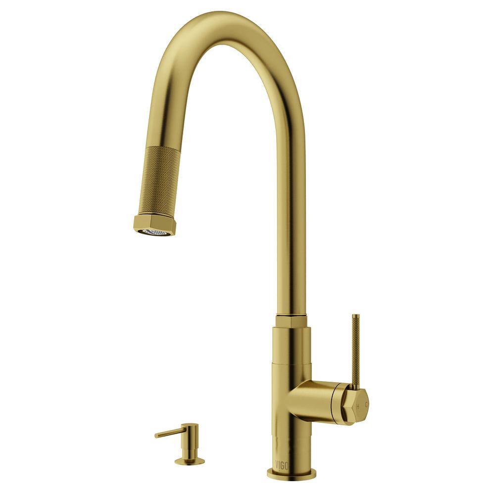 Matte Brushed Gold 18" Stainless Steel Pull-Down Kitchen Faucet with Soap Dispenser