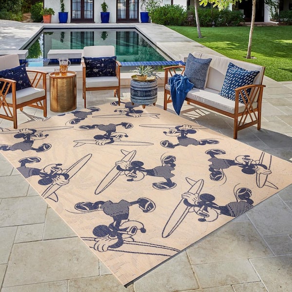 Mickey Mouse Surfing Sand/Navy 6 ft. x 9 ft. Animal Print Indoor/Outdoor Area Rug