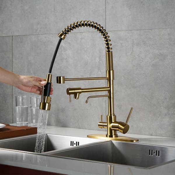 Brass Triple Handle 20 in. H 3-Sprayer 360° Swivel Pull Down Sprayer Kitchen Faucet Water Filter Faucet Combo in Gold
