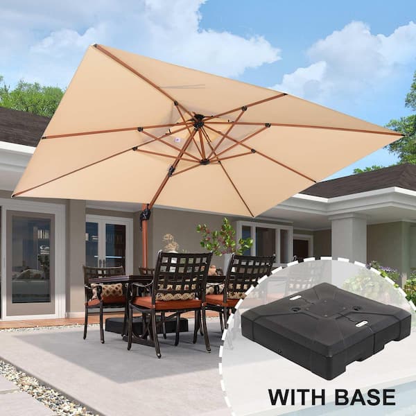 10 ft. x 13 ft. High-Quality Wood Pattern Aluminum Cantilever Patio Umbrella with Stand, Beige