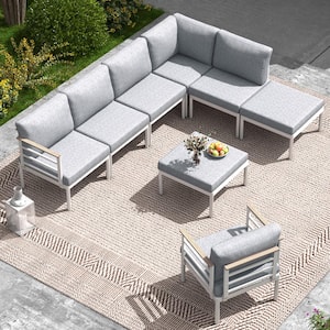 8-Piece Aluminum Outdoor Sectional Set with Armrests and Light Gray Cushions