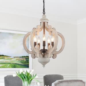 5-Light Distressed Wood and Black Rustic American Country Style Chandelier for Living Room with No Bulbs Included