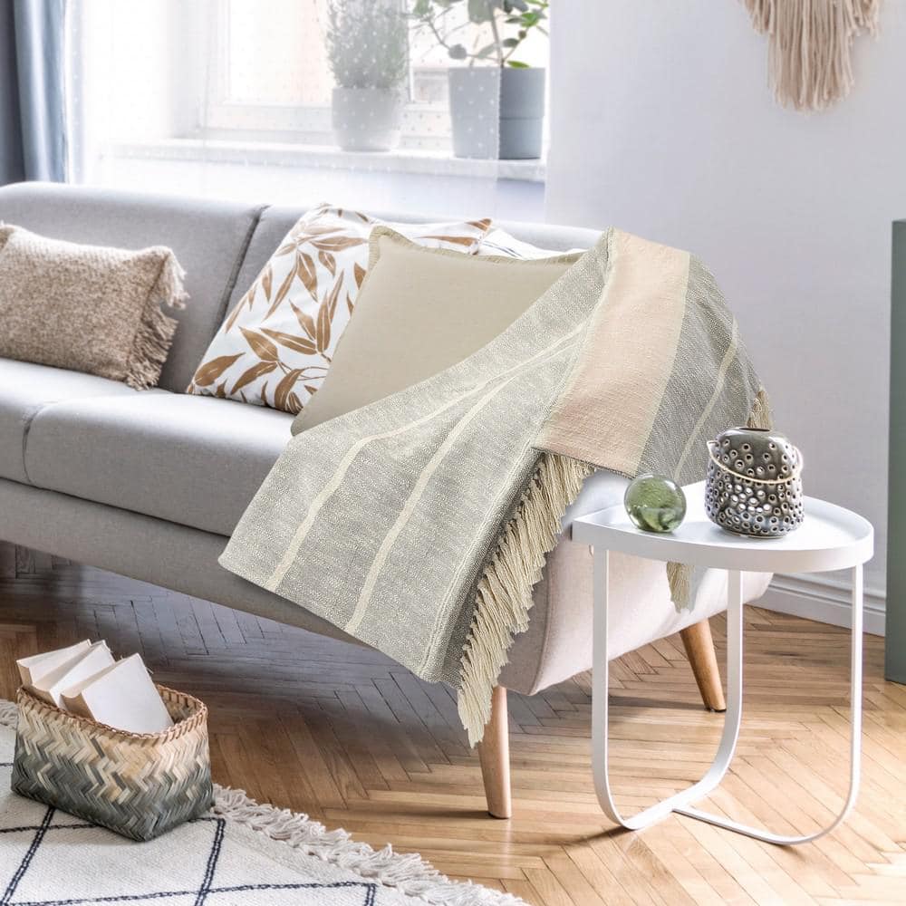 Simplistic Striped Blush / Gray Fringed All Natural Cotton Throw Blanket