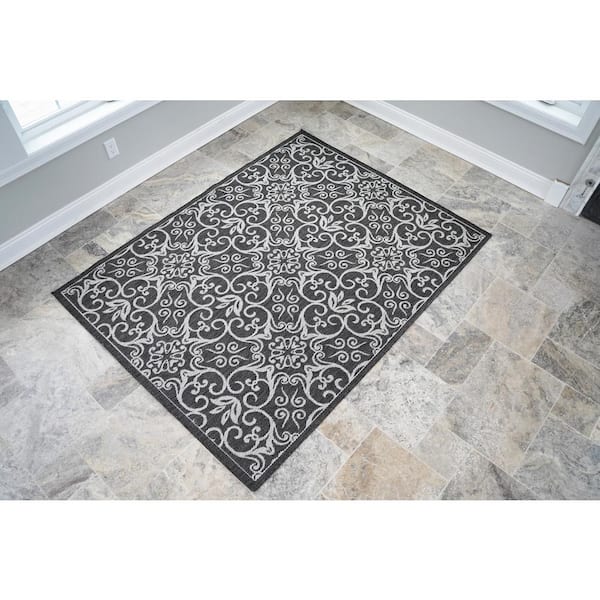 Benissimo Gray 6 ft. x 9 ft Floral Modern Polypropylene Indoor/Outdoor Area Rug