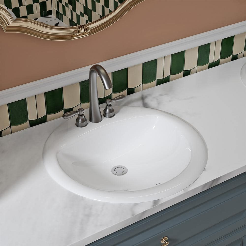Santa Monica 19 in. Bathroom Sink in White Ceramic Round Drop-in with Overf