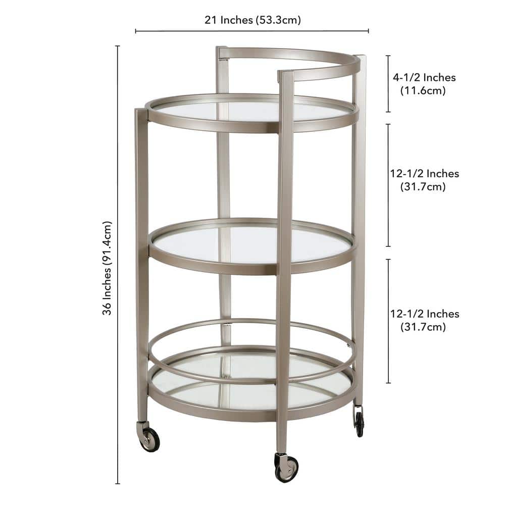 Satin Nickel Round Bar Cart with Glass Shelves