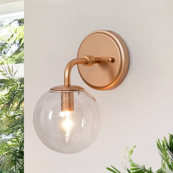 5.5 in. 1-Light Gold Wall Sconce with Seeded Glass Shade