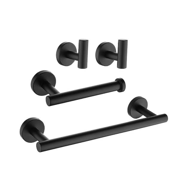 RAINLEX 4-Piece Bath Hardware Set with Robe Hooks, Towel Bar and Tissue Holder in Matte Black