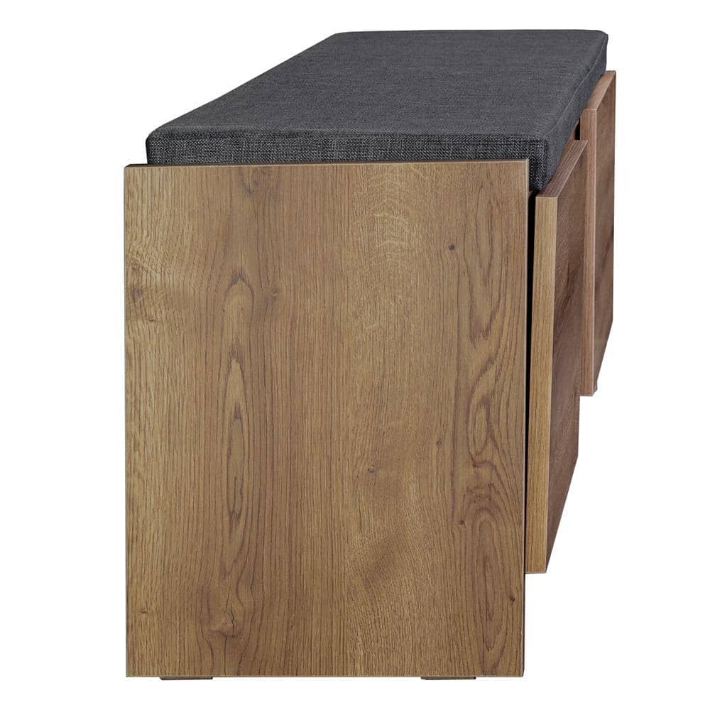 Rustic Walnut Shoe Storage Bench with Shelves and Cushion