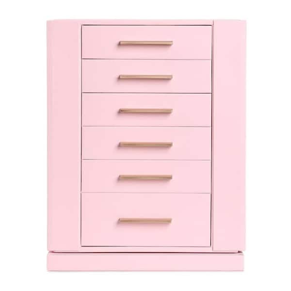 11.3 in. Pink Rectangle Wood Jewelry Box, Vertical 360° Rotating Leather Jewelry Organizer with 6-Drawers
