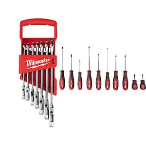 144-Position Flex-Head Ratcheting Combination Wrench Set SAE with Screwdriver Set (17-Piece)