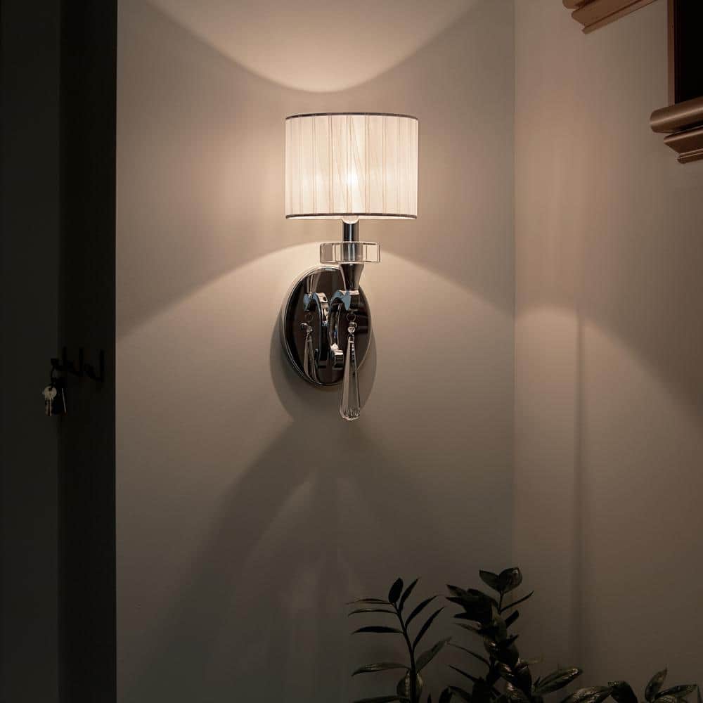 Chrome and White Fabric Shade Wall Sconce with Crystal Accents