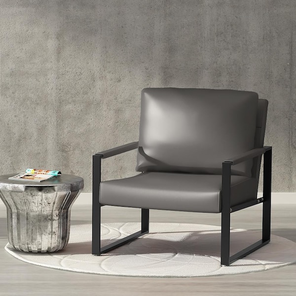 Eureka Mid Century Gray Faux Leather Armchair, Modern Lounge Chair 