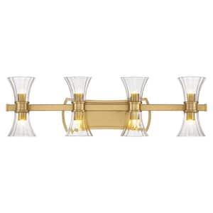 Bennington 32 in. 8-Light Warm Brass Vanity Light with Clear Ribbed Glass Shades