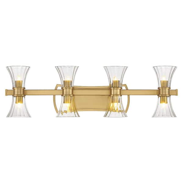 Savoy House Bennington 32 in. 8-Light Warm Brass Vanity Light with Clear Ribbed Glass Shades