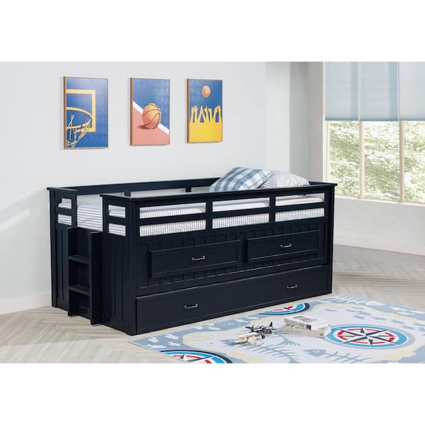 Carlsbad Navy Blue Wood Twin Captains Panel Bed with Trundle and Storage