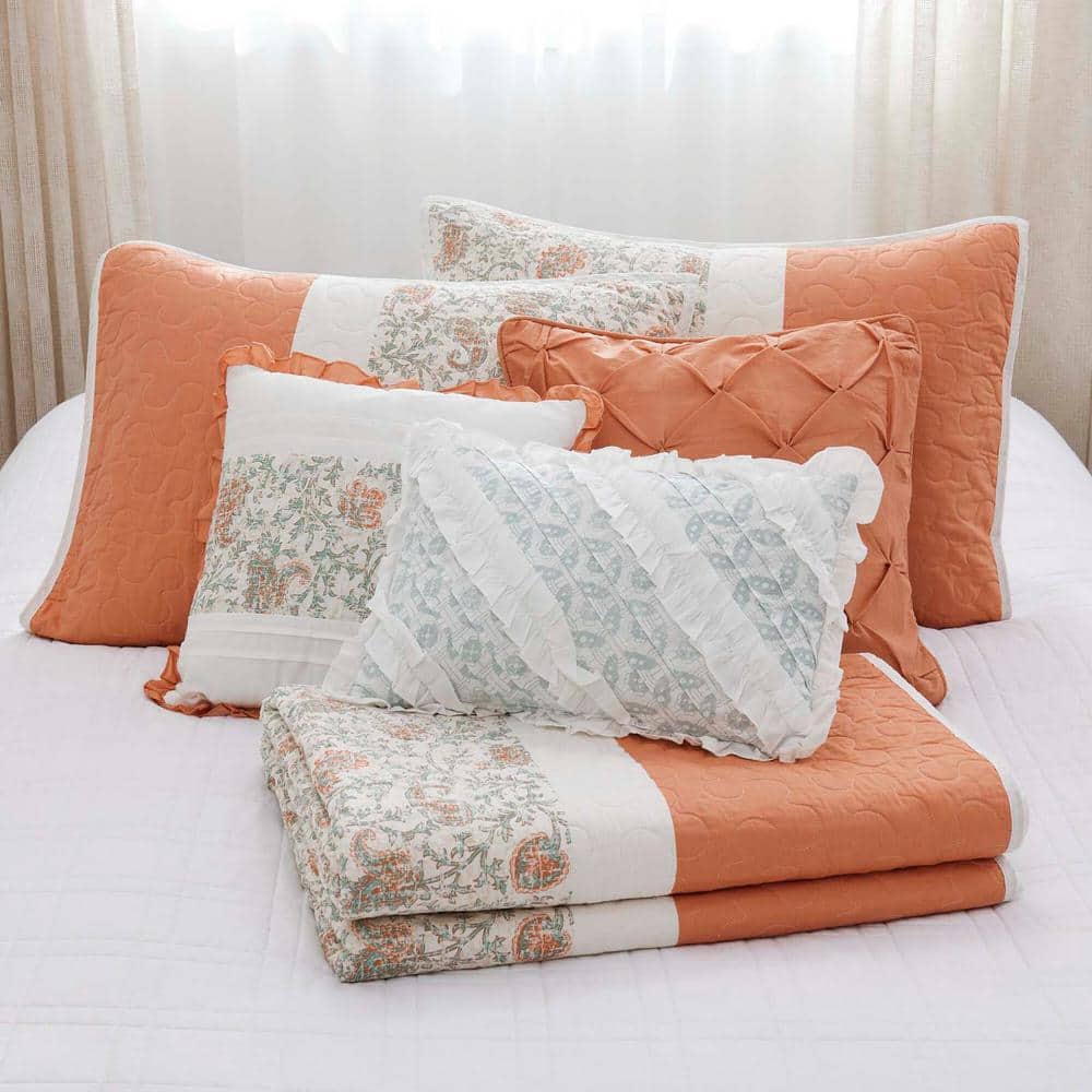 6-Piece Coral Full Cotton Percale Quilt Set Floral Print, Double Sided Stit