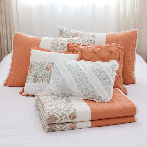 6-Piece Coral King Cotton Percale Quilt Set Floral Print, Double Sided Stitching, Bedding Layer with Throw Pillows