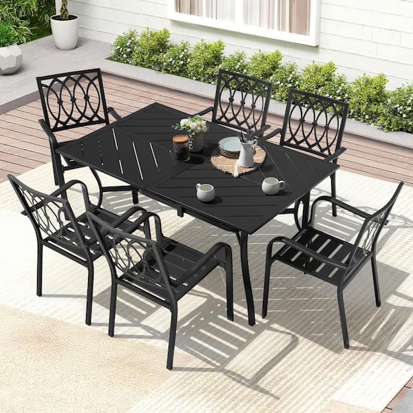 Black 7-Piece Metal Rectangle Outdoor Dining Set with Umbrella Hole and 6-Stackable Chairs