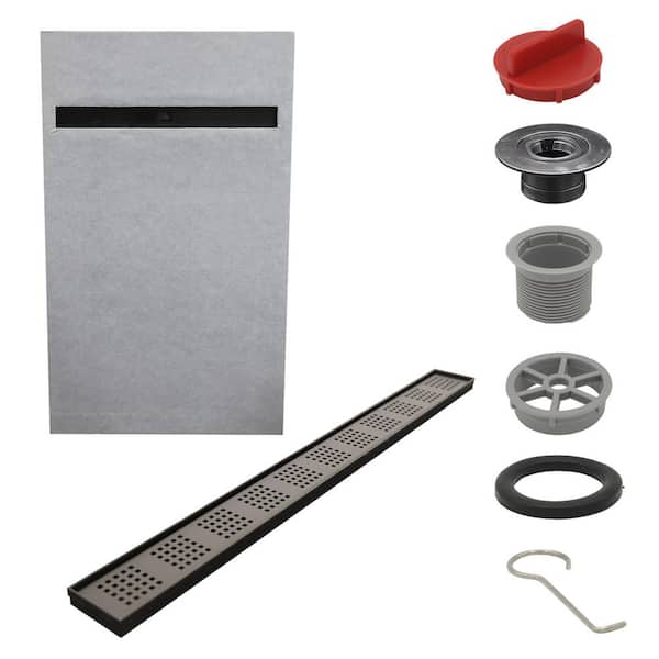 Everbilt Watershield Shower System 36 in. x 60 in. Pre-sloped Offset Linear Drain Pan with Black Square Punch Shower Kit