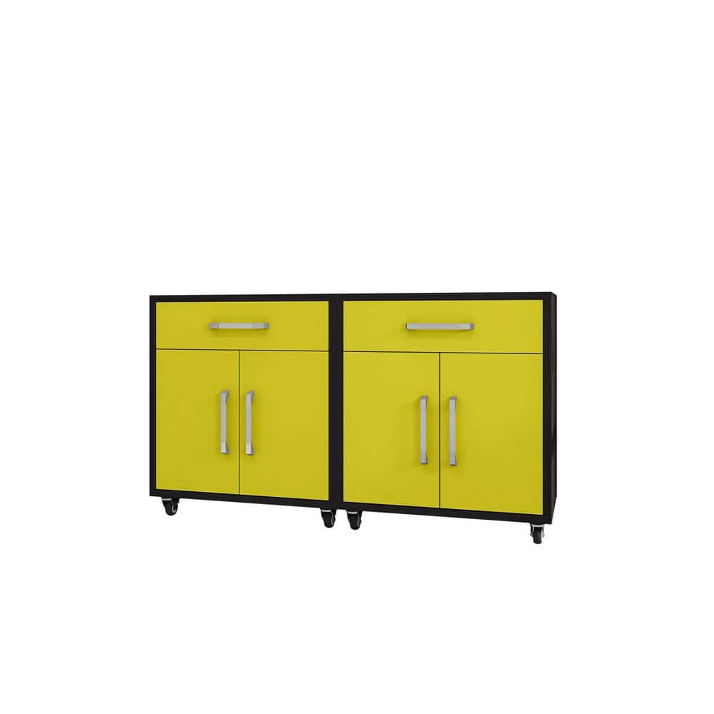 Manhattan Comfort Eiffel 28.35 in. W x 34.41 in. H x 17.72 in. D 2-Shelf Mobile Freestanding Cabinet in Black and Yellow (Set of 2)