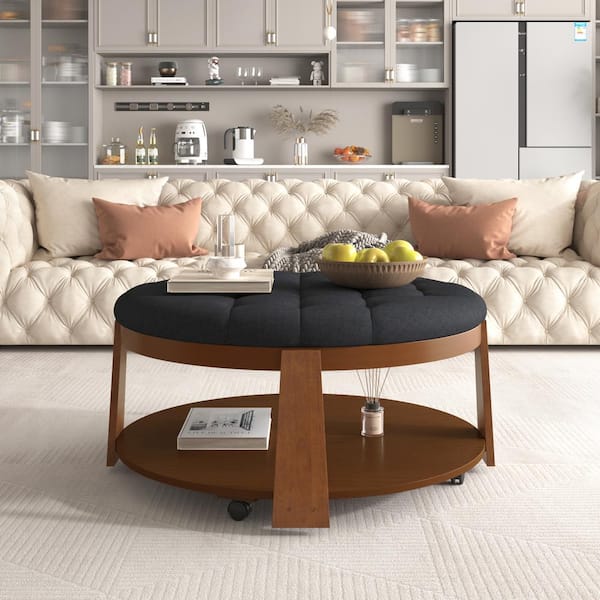 Noble House Ossa 36 in. Black Plus Walnut Modern Upholstered  Waterproof Linen Round Ottoman Wood Coffee Table with Castors