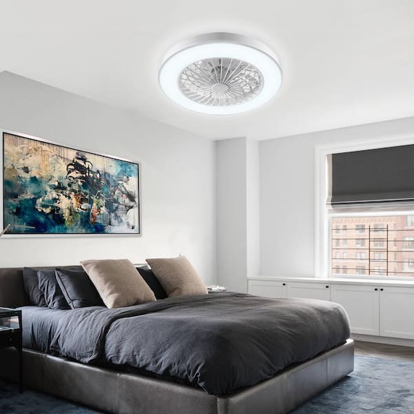 Modern 20 in. Indoor Caged Enclosed Indoor White Low Profile Ceiling Fan with LED Light with Remote