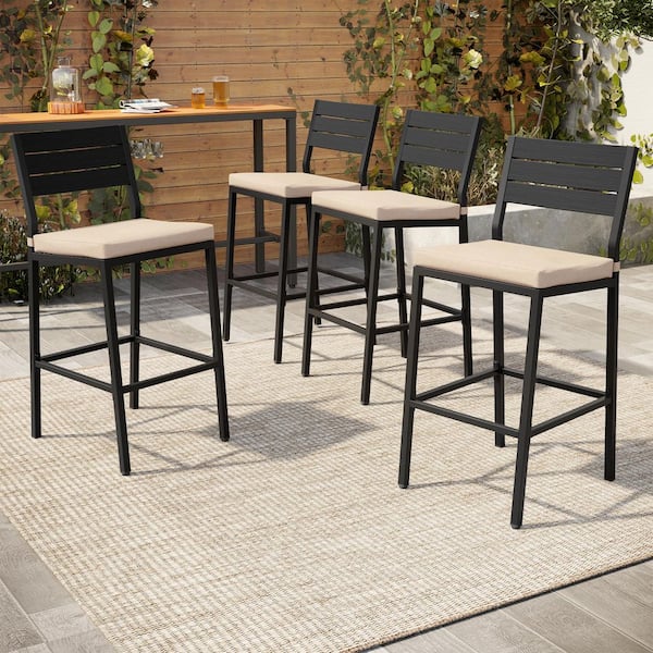 Metal Outdoor Bar Stool with Ergonomic Backrest Footrest and Removable Beige Cushions for Patio (4-Pack)