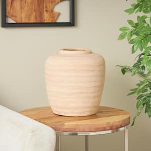 12 in. Beige Wide Textured Ceramic Decorative Vase