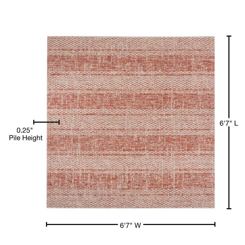 6'7" Square Off-White and Terracotta Synthetic Area Rug