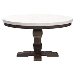 Nolan 54 in. Round White Marble Top and Salvage Dark Oak Marble Top with Wood Frame (Seats 4)